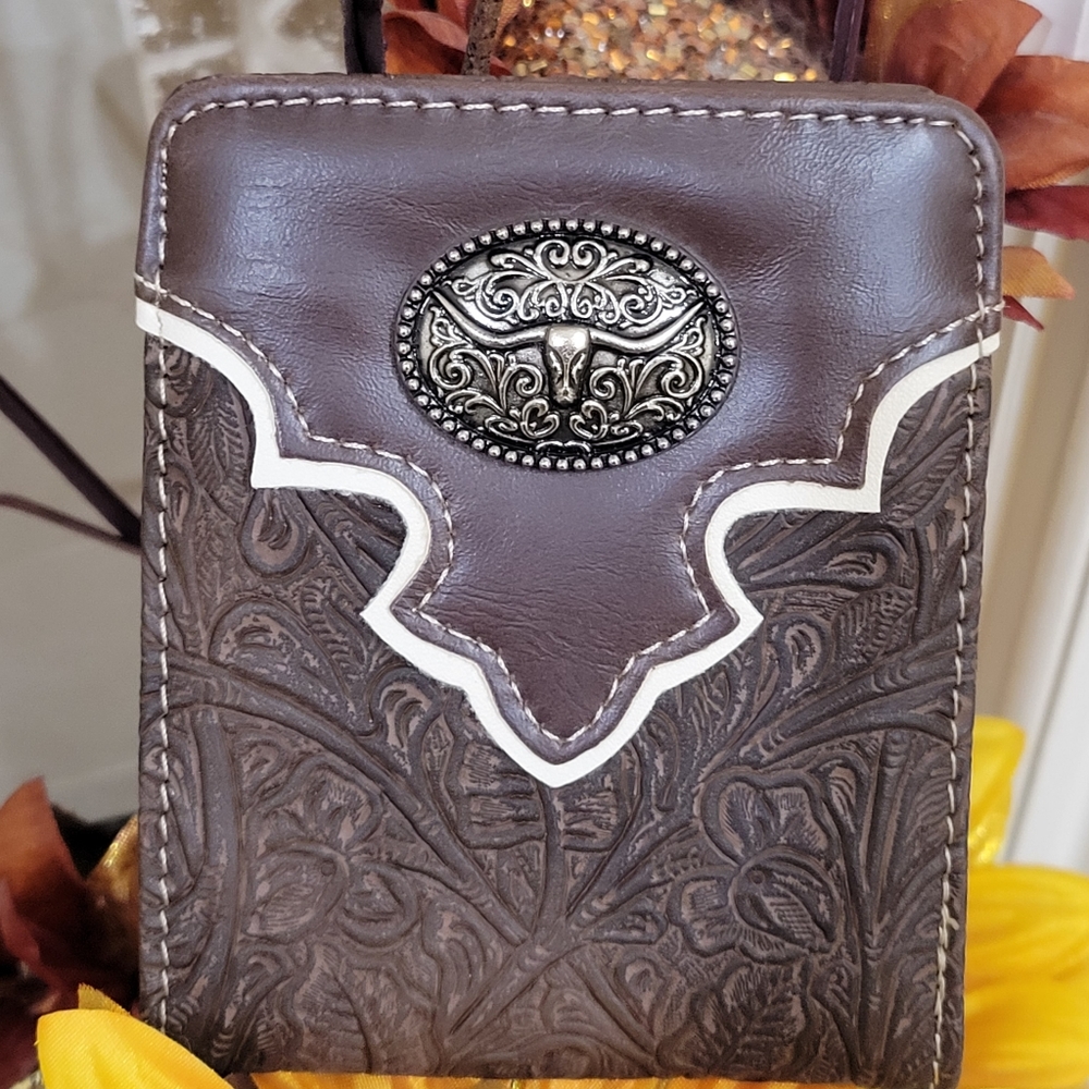 Longhorn Western wallet short Bifold embossed Faux leather